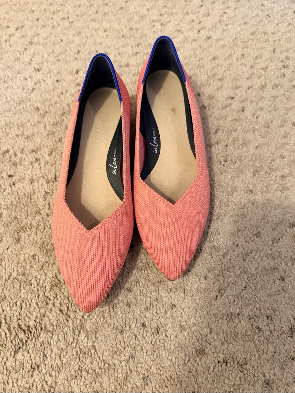 Rothy's Coral Knit Pointed Flats with Blue Trim